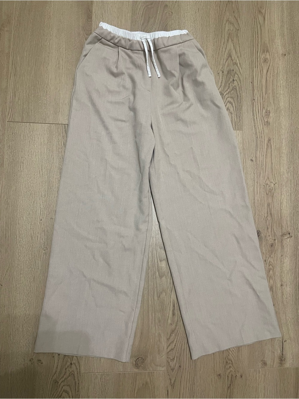 Zara Beige Wide-Leg Drawstring Dress Pants (10)